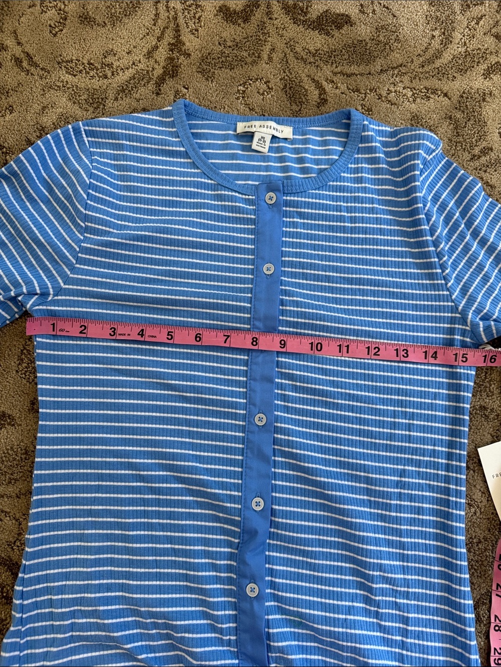 Striped Crewneck Button-Up Top in Light Blue - Picture 3 of 6